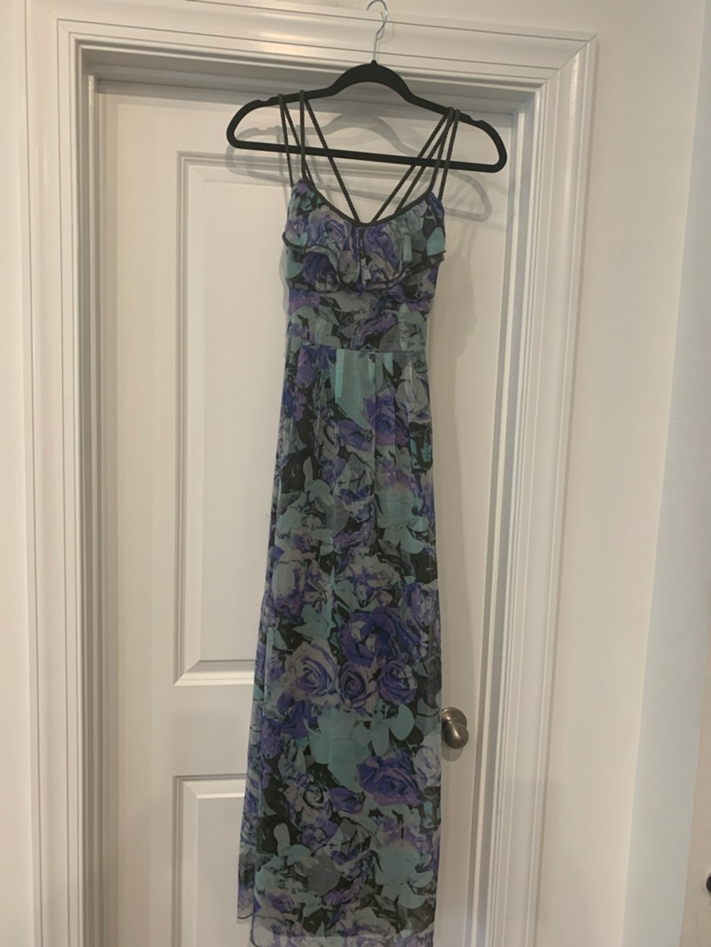 Jessica Simpson Purple and Teal Floral Ruffle Bust Maxi Dress XS